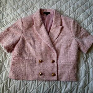 EXPRESS PINK TWEED CROPPED SHORT SLEEVE BLAZER JACKET DOUBLE BREASTED SZ M